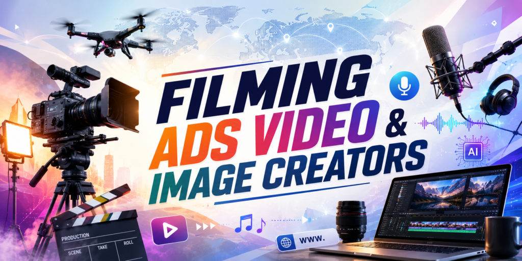 Banner showing film and video production tools (camera, drone, microphone) with text 'Filming Ads Video & Image Creators' across a colorful gradient background.