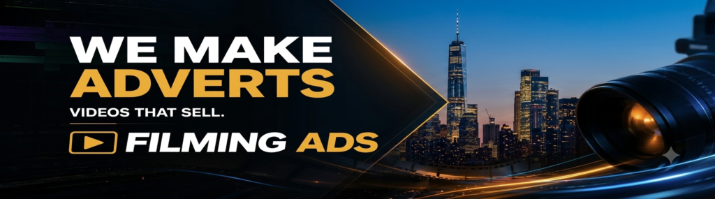 Promotional banner: bold white and gold text—'WE MAKE ADVERTS' and 'FILMING ADS'—with a city skyline and a large camera lens on the right.