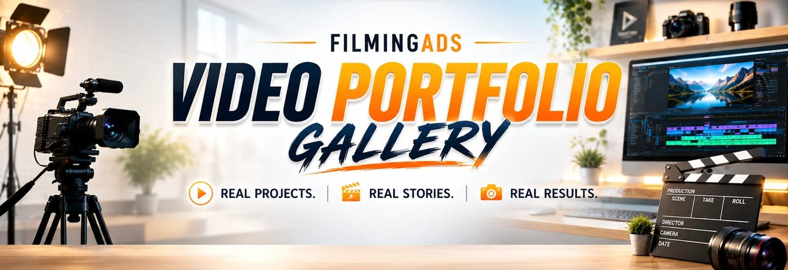 Studio filming setup with a camera on a tripod, bright key light, editing monitor, and a banner reading 'Video Portfolio Gallery' with 'FilmingAds'.