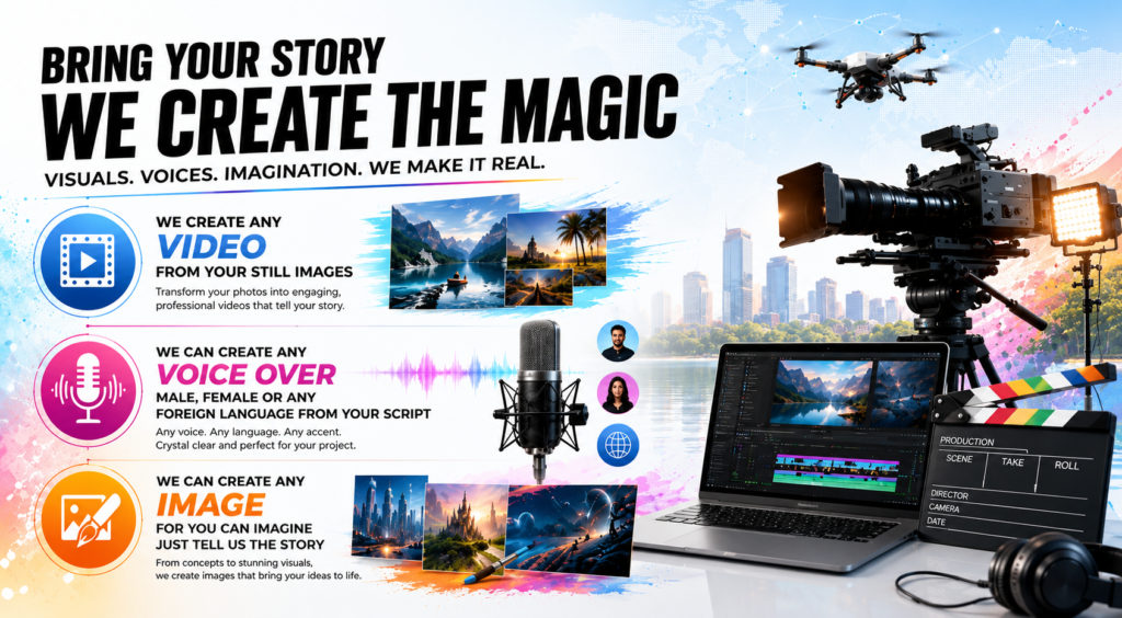 Vibrant hero banner promoting video, voice, and image creation services, with camera gear, drone, microphone, clapperboard, and laptop.
