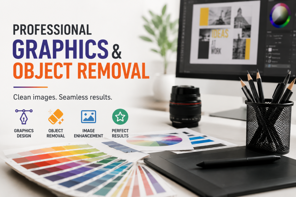 Professional banner promoting graphics design and object removal services with color swatches and desk setup.