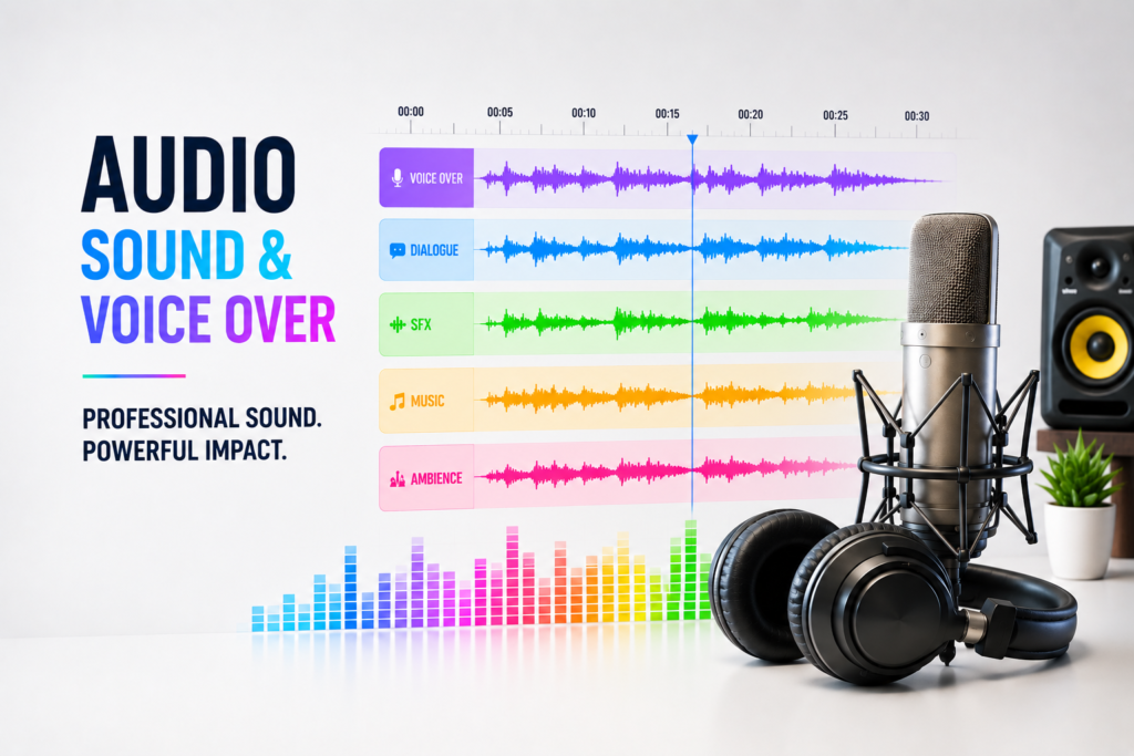 Large left-side graphic: 'AUDIO SOUND & VOICE OVER' with colorful gradient text and a mic and headphones setup on the right, representing audio production.