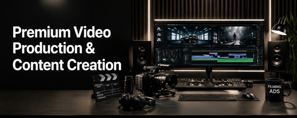 Hero image of a professional video editing desk: dual-monitor editing rig, camera with lens, headphones, keyboard, and a 'FILMING ADS' mug in a dark studio; bold white text on the left reads 'Premium Video Production & Content Creation'
